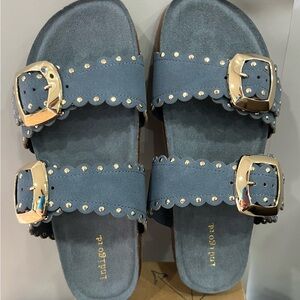 Indigo Blue Suede Double-Buckle Slide Sandals with Gold Hardware